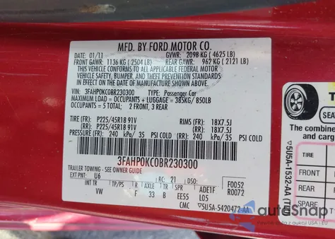 2011 Ford Fusion Sport from USA, damaged, VIN 3FAHP0KC0BR230300